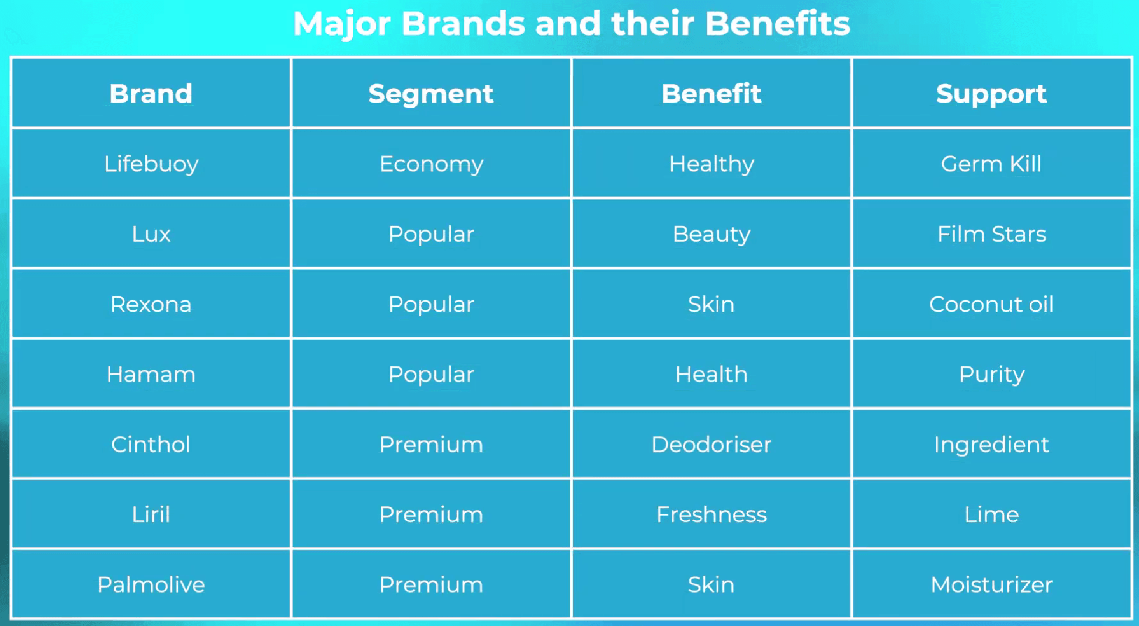 The 1995 competitive set with segment, benefit and support for each brand