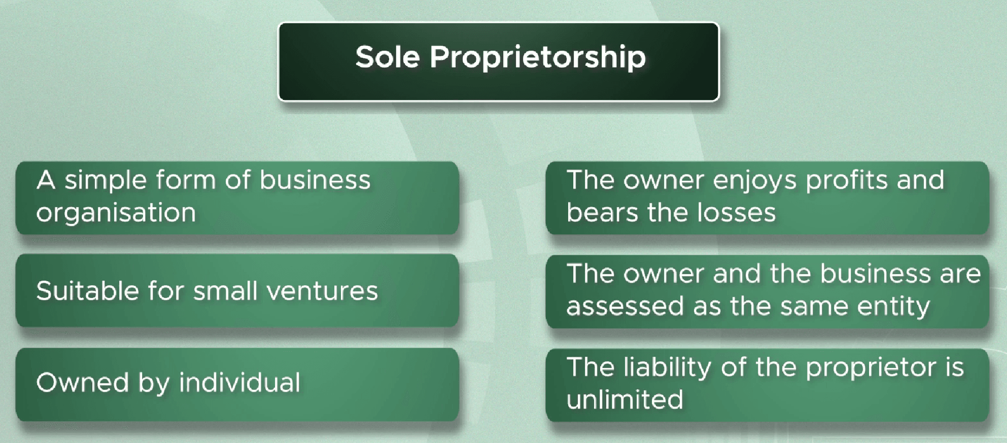 Sole proprietorship: owned by an individual, unlimited liability
