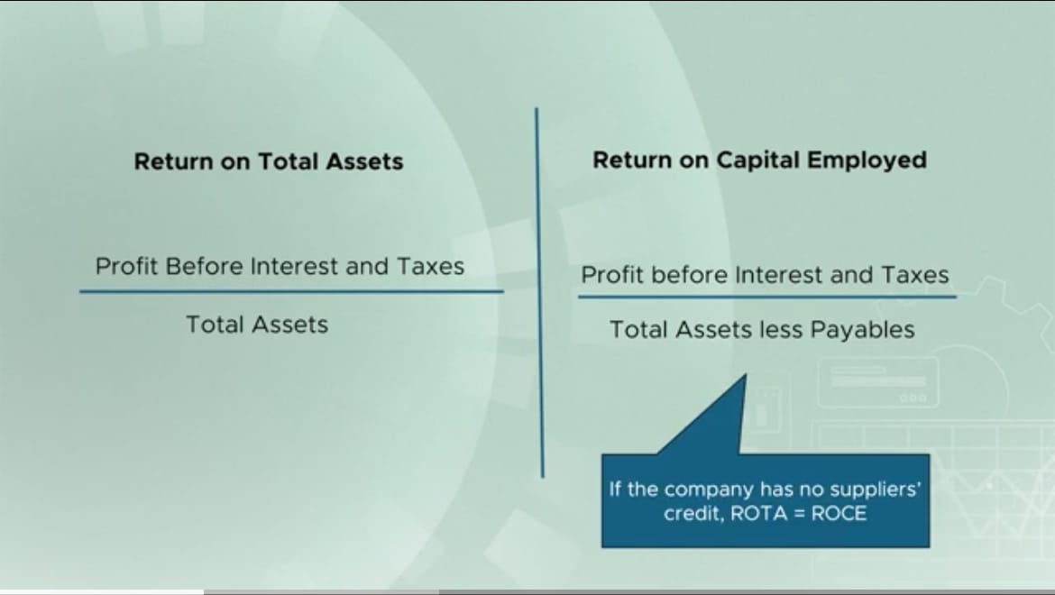 Comparison of Return on Total Assets, PBIT over total assets, against Return on Capital Employed, PBIT over total assets less payables, with the note that if the company has no suppliers' credit ROTA equals ROCE